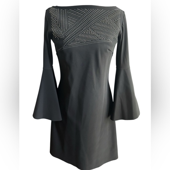 Chiara Boni Italian Black Studded Long Bell Sleeve Cocktail Dress Size 40 US 6 - Picture 1 of 8
